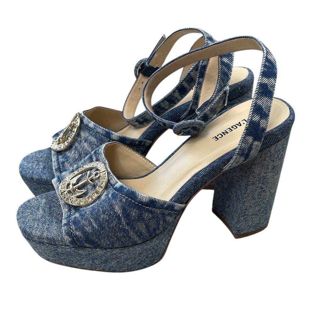 New L’Agence Andree Denim Nautical Anchor Platform Sandal Blue Jean Sz 6